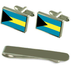 【貨物輸送無料】メンズ付属品― バハマシルバーカフスボタンタイクリップセットthe bahamas flag silver cufflinks tie clip engraved gift set