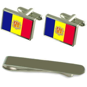 【貨物輸送無料】メンズ付属品― アンドラシルバーカフスボタンタイクリップセットandorra flag silver cufflinks tie clip engraved gift set