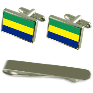 【貨物輸送無料】メンズ付属品― ガボンシルバーカフスボタンタイクリップセットgabon flag silver cufflinks tie clip engraved gift set