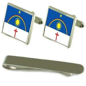 【貨物輸送無料】メンズ付属品― ペルナンブコフラグシルバーカフスボタンタイクリップセットpernambuco flag silver cufflinks tie clip engraved gift set