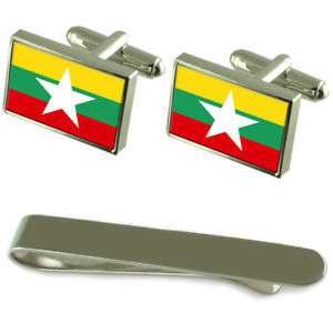 【貨物輸送無料】メンズ付属品― ミャンマーシルバーカフスボタンタイクリップセットmyanmar flag silver cufflinks tie clip engraved gift set
