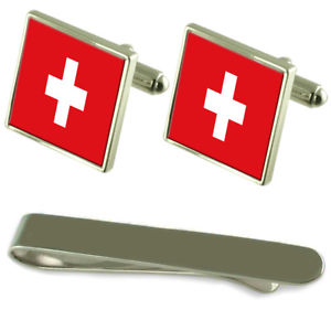 【貨物輸送無料】メンズ付属品― スイスシルバーカフスボタンタイクリップセットswitzerland flag silver cufflinks tie clip engraved gift set