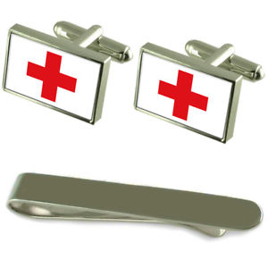 【貨物輸送無料】メンズ付属品― シルバーカフスボタンタイクリップセットred cross flag silver cufflinks tie clip engraved gift set