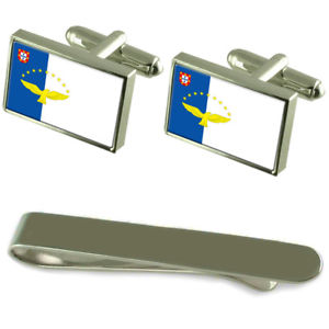 【貨物輸送無料】メンズ付属品― アゾレスシルバーカフスボタンタイクリップセットthe azores flag silver cufflinks tie clip engraved gift set