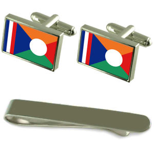 【貨物輸送無料】メンズ付属品― レユニオンフラッグシルバーカフスボタンタイクリップセットrunion flag silver cufflinks tie clip engraved gift set