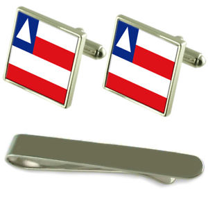 【貨物輸送無料】メンズ付属品― フラグシルバーカフスボタンタイクリップセットbahia flag silver cufflinks tie clip engraved gift set