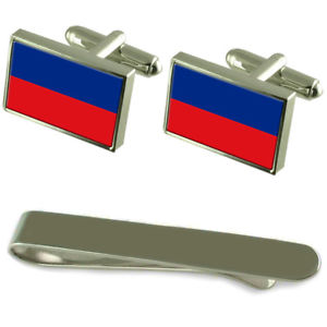 【貨物輸送無料】メンズ付属品― ハイチシルバーカフスボタンタイクリップセットhaiti flag silver cufflinks tie clip engraved gift set