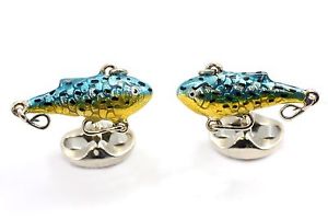 【貨物輸送無料】メンズ付属物― ディーキンフランシスシルバーエナメルカフスボタンdeakin and francis silver amp; enamel fishing lure cufflinks blue yellow spinner