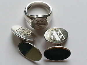 【貨物輸送無料】メンズ付属物― シールドカフスボタンクレストリングsilver hand engraved crest,shield cufflinks and heavy hallmarked crest ring,