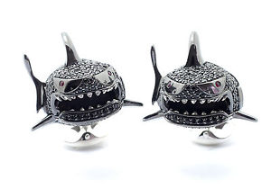 【貨物輸送無料】メンズ付属物― ディーキンフランシスシルバーエナメルカフスボタンルビーdeakin and francis silver amp; enamel shark cufflinks ruby eyes pave set