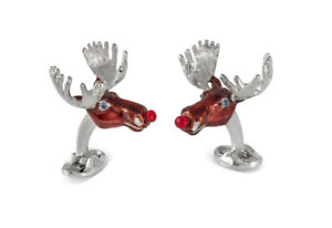 【貨物輸送無料】メンズ添え物― スターリングシルバークリスマスムースカフリンクスsterling silver christmas moose cufflinks with red noses