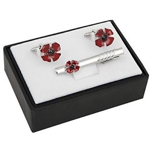 【送料無料】メンズアクセサリ―　ステンレスエナメルポピーカフスリンクネクタイピン セットpoppy cuff links tiepin in polished stainless steel enamel a quality set
