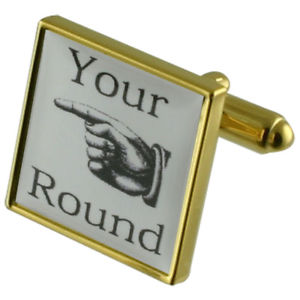 【貨物輸送無料】メンズ添え物― ゴールドスクエアカフリンクスyour round fun gold square cufflinks with engraved personalised case