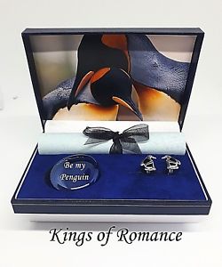 【貨物輸送無料】メンズ佩び物― シルバーオニキスペンギンボックスデザインsilver and onyx penguin cufflink gift box , choice of four designs