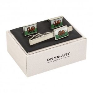 【貨物輸送無料】メンズ添え物― カフスリンクネクタイピンセットフラグflag of wales cufflinks and tie clip gift set