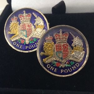 【貨物輸送無料】メンズ佩び物― エナメルポンドコインカフスボタン2015 enamelled one pound coin cufflinks bluegoldcolours