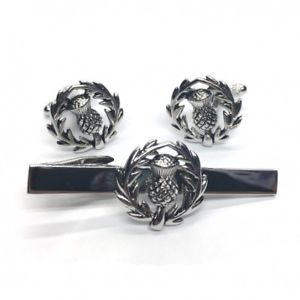 【貨物輸送無料】メンズ佩び物― スコットランドシスルクレストカフスボタンタイバーセットscottish thistle crest cufflinks and tie 赤ちょうちん set