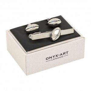 【貨物輸送無料】メンズ添え物― ラグビーボールカフスボタンタイクリップセットclassic rugby ball cufflinks and tie clip gift set