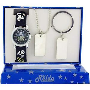 【送料無料】腕時計　ウォッチ　スカルクロックタグネックレスキーチェーンセットrelda chicos skull amp; crossbones reloj, dog tag collar y llavero set de regalo rel50｜hokushin