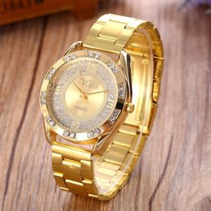 【貨物輸送無料】ウォッチ 御覧なさる ゴールドステンレススチールカジュアルアナログウォッチdqg women gold stainless steel quartz watch crystal luxury casual analog watc 男女兼用腕時計-腕時計