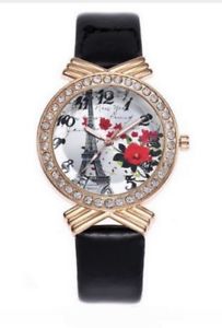 【送料無料】腕時計　ウォッチ　ブレスレットノワールモチーフエッフェルドーレmontre bracelet noir motifs tour eiffel et fleurs cercl dor avec strass｜hokushin