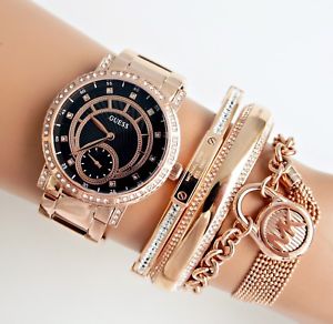 【貨物輸送無料】ウオッチ ご覧なさる アラームステンレススチールゴールデンピンクブラックguess reloj mujer w1006l2 constelacin acero inox rosa dorado  negro nuevo