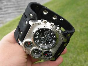 【送料無料】腕時計 ウォッチ バイソンレザーコンパスデュアルタイムスチームパンクbison cuero tiempo dual brjula reloj de pulsera motero hombres steam punk|hokushin