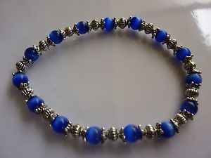 【送料無料】ブレスレット　アクセサリ―　6mmチベットblue strap 6mm cats eye and tibet silver