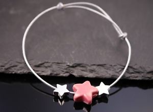 【送料無料】ブレスレット　アクセサリ―　アンティークピンクセラミックシルバーレザーブレスレットleather bracelet with antique pink ceramic starnaturalsilver 12,565円