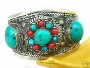 【送料無料】ブレスレット　アクセサリ―　チベットシルバーターコイズコーラルビーズカフブレスレットtibet silver turquoise coral beads cuff bracelet