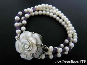【送料無料】ブレスレット　アクセサリ―　ローホワイトパールアメジストシェルフラワークラスプブレスレット3 rows white pearl amethyst shell flower 18kwgp clasp bracelet