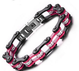 【送料無料】ブレスレット アクセサリ― クリスタルステンレススチールオートバイチェーンブレスレットホットピンクwomen aaa crystal cz stainless steel motorcycle chain bracelet hot pink 10mm