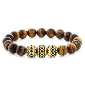 【送料無料】ブレスレット　アクセサリ―　インチゴールドデザインタイガーアイビーズブレスレット7 inch round 10mm tigers eye beaded stretchy bracelet with 3 gold design