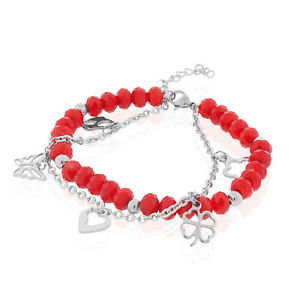 【送料無料】ブレスレット　アクセサリ―　ステンレススチールリンクチェーンブレスレットstainless steel red silvertone flower heart charms link chain bracelet, 75