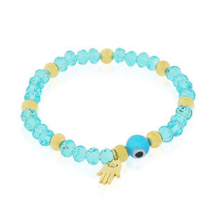 【送料無料】ブレスレット　アクセサリ―　ステンレススチールストレッチブレスレットstainless steel blue yellow goldtone hamsa evil eye stretch bracelet, 65