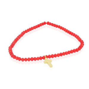 【送料無料】ブレスレット　アクセサリ―　ステンレススチールビーズクロスストレッチブレスレットstainless steel red beads yellow goldtone religious cross stretch bracelet, 7