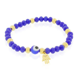 【送料無料】ブレスレット　アクセサリ―　ステンレススチールストレッチブレスレットstainless steel blue yellow goldtone hamsa evil eye protection stretch bracelet
