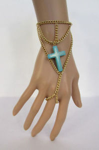 【送料無料】ブレスレット　アクセサリ―　チェーンブレスレットクロスhot women gold metal hand chain slave ring fashion bracelet turquoise blue cross