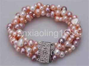 【送料無料】ブレスレット　アクセサリ―　4 multiピンク18kwgp4 rows real multicolored white pink purple pearl 18kwgp flower clasp bracelet