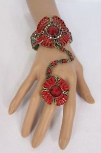 【送料無料】ブレスレット アクセサリ― blingカフススレーブブレスレットレッドリングビッグwomen gold metal hand chain round cuff slave bracelet red ring big bling beads