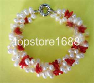 【送料無料】ブレスレット　アクセサリ―　3pearlamp;アカサンゴジュエリーブレスレットwonderful 3 strands natural white freshwater pearlamp;red coral jewelry bracelet