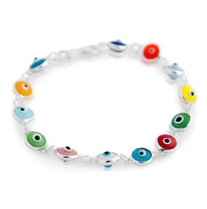 【送料無料】ブレスレット　アクセサリ―　スターリングシルバーマルチカラーガラスブレスレットsterling silver multi color glass evil eye bracelet 10mm 7