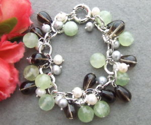 【送料無料】ブレスレット　アクセサリ―　パールブレスレットwhite pearl smoky quartz prehnite bracelet