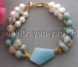 【送料無料】ブレスレット　アクセサリ―　ホワイトパールメノウブレスレットr092115 3strds white pearl amazonite agate bracelet