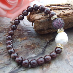 【送料無料】ブレスレット　アクセサリ―　パールガーネットビーズブレスレットh121112 17mm white keshi pearl garnet cz bead bracelet