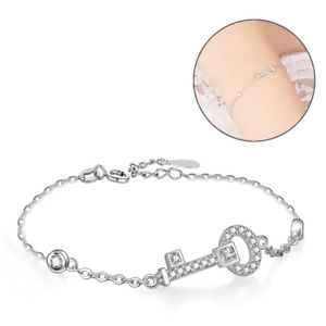 【送料無料】ブレスレット　アクセサリ―　スターリングシルバーペンダントチェーンブレスレットcharm 925 sterling silver sideways key clear cz pendant chain bracelet womens