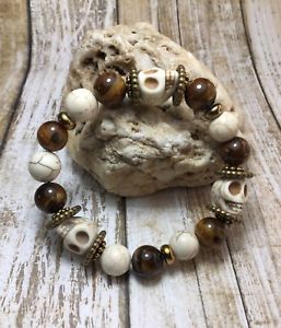【送料無料】ブレスレット　アクセサリ―　ハンドメイドキャッツアイスカルブレスレットアメリカストレッチhandmade healing gemstone tigers eye howlite skull stretch bracelet usa