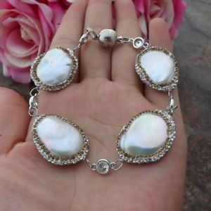 【送料無料】ブレスレット　アクセサリ―　ホワイトパールチェーンブレスレットge091313 8 white keshi pearl chain bracelet