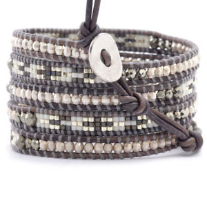 【送料無料】ブレスレット　アクセサリ―　ファッショングレーレザーブレスレットハンドメイドシードビーズナットラップfashion grey seed beaded siliver nut 5 wrap on leather bracelet handmade gift
