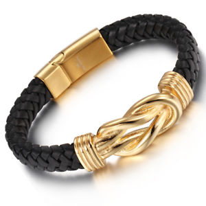 【送料無料】ブレスレット　アクセサリ―　メンズステンレススチールブレードストラップゴールドチェーンブレスレットmens stainless steel braided genuine leather strap gold link chain bracelet